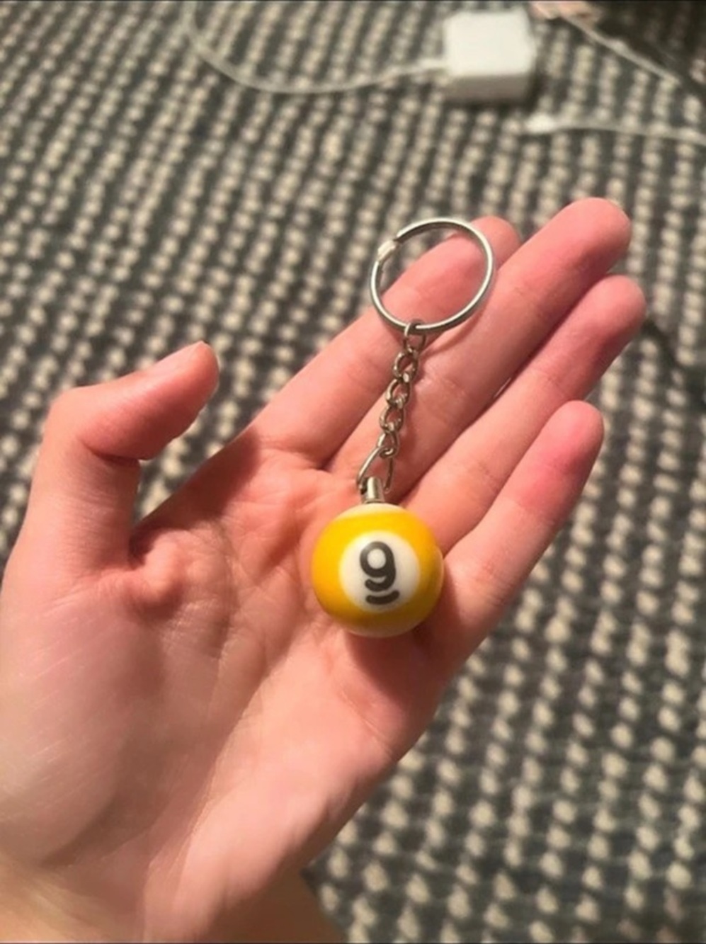 Number 9 Pool Ball Keychain in Yellow & White Like New